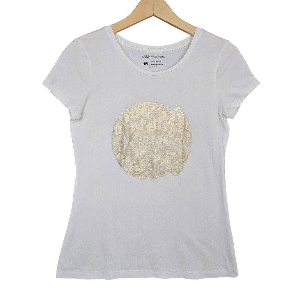 Calvin Klein Women White Premium Stretch Gold Foil Circle Logo T-Shirt M